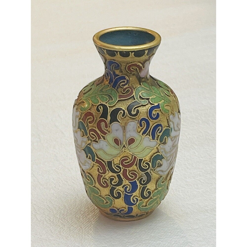VTG Antique Chinese Cloisonne Enamel Brass Bud Vase Miniature 3” Floral Lotus